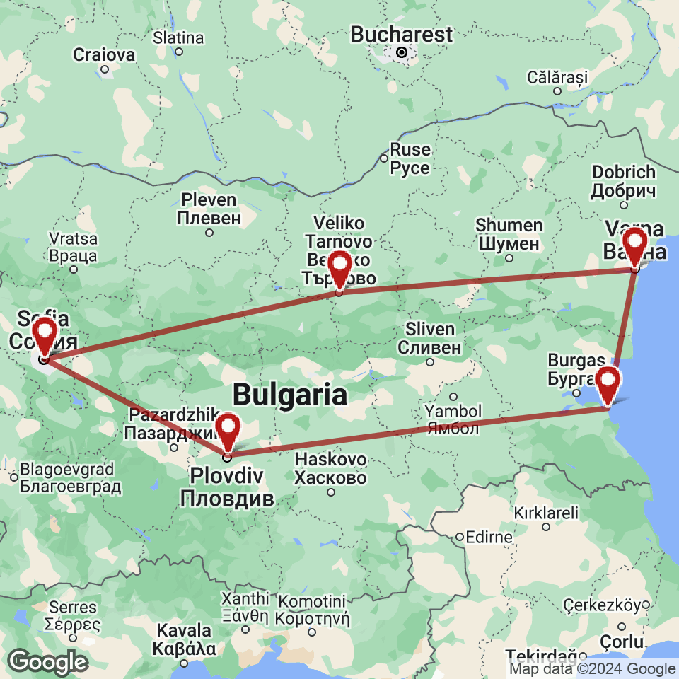 Route for Sofia, Plovdiv, Sozopol, Varna, Veliko Tarnovo, Sofia tour